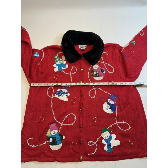 AMBRA HO HO HO SNOWMAN CARDIGAN 2XL CHRISTMAS SWEATER PARTY RED VINTAGE FUR - Picture 13 of 16
